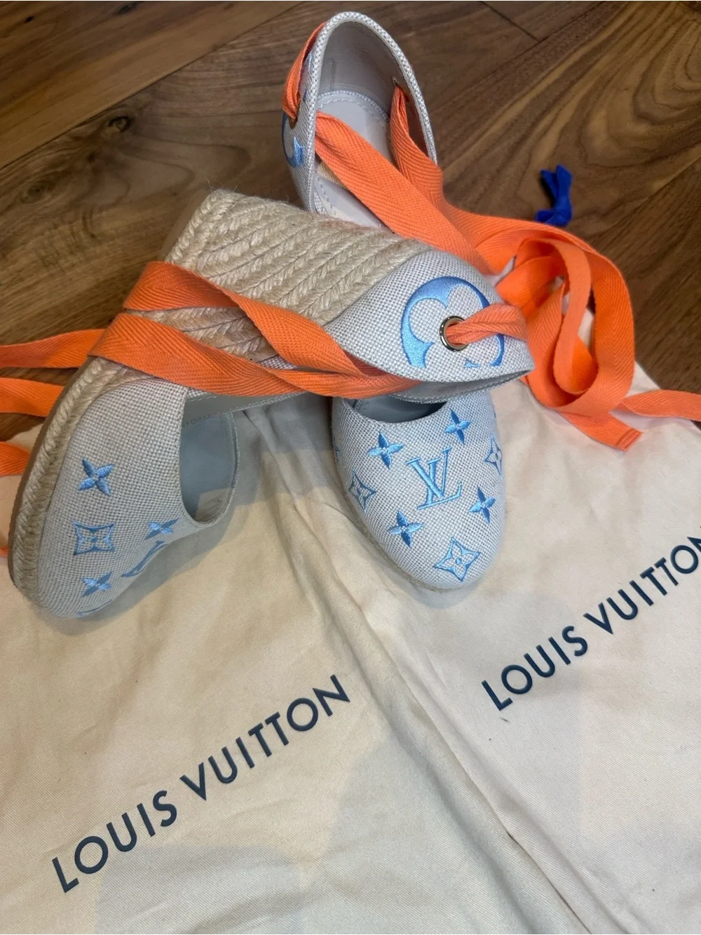Louis Vuitton Women's White & Blue Espadrille Wedge Sandals